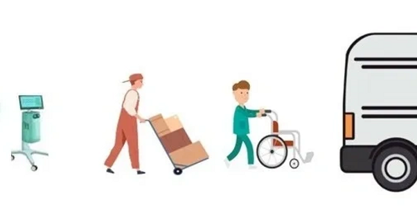 People loading medical equipment into van.