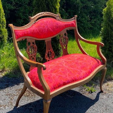 Traditionally Reupholstered 
Victorian Settee with 
Filigree Back, 
Covered in Thai silk.