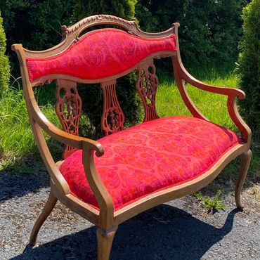 Traditionally Reupholstered 
Victorian Settee with 
Filigree Back, 
Covered in Thai silk.
