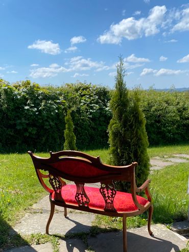 Antique red velvet bench in a sunny garden with green bushes.
