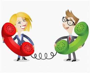 Cartoon man and woman holding giant phone receiver halves.
