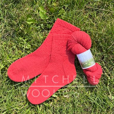 Red socks sit with a skein of yarn on green grass