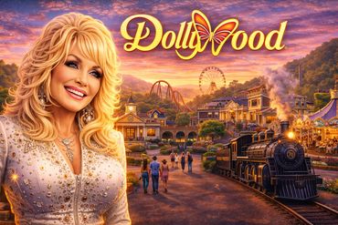 Dolly Parton smiles with Dollywood amusement park at sunset in the background.
