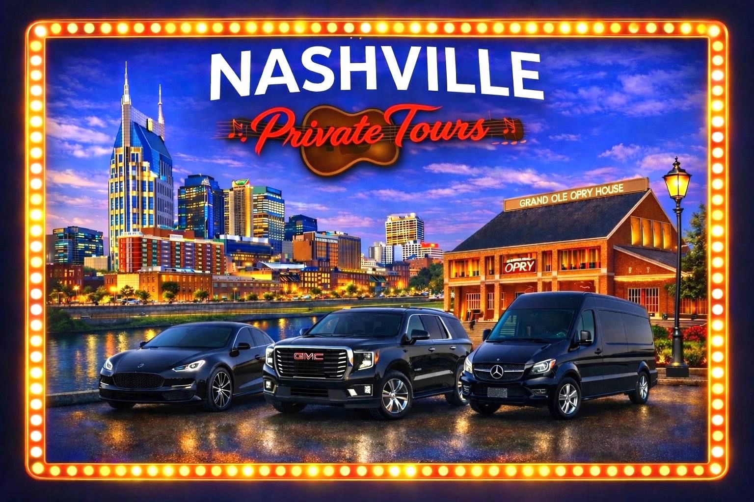 Nashville Private Tours advertisement with city skyline and vehicles.