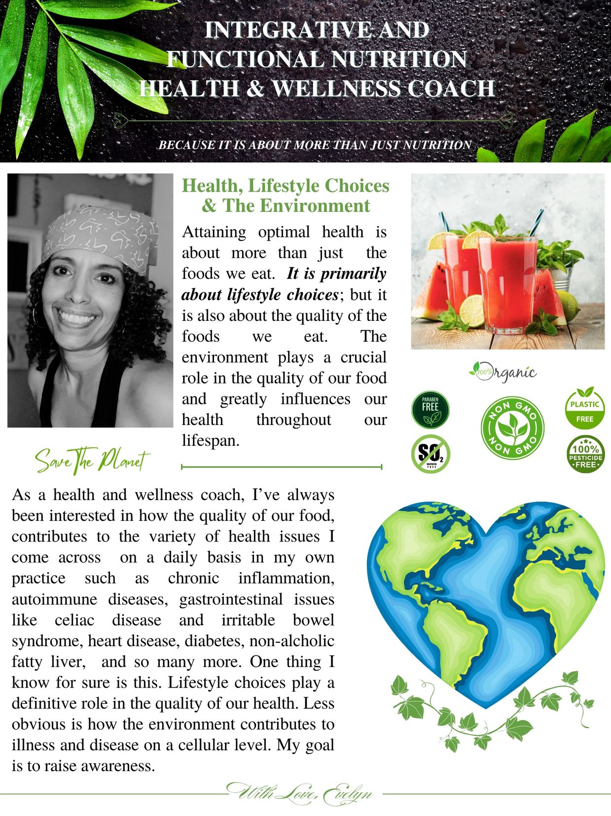 Health and wellness blogger emphasizing lifestyle and nutrition choices and environmental impact on health.