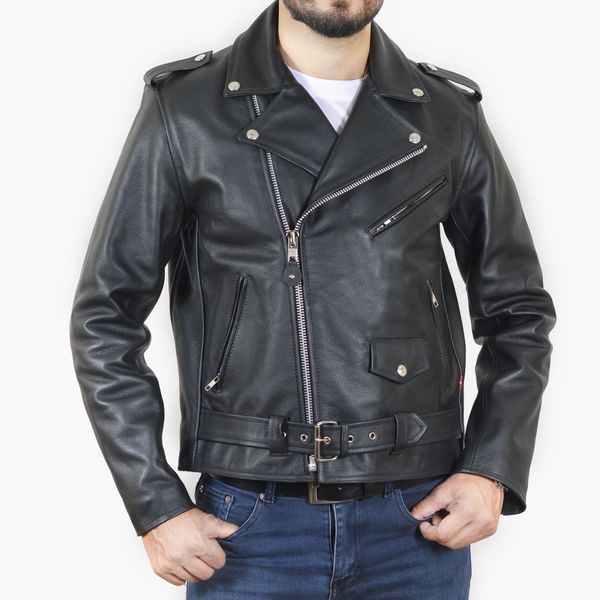 Men’s black genuine leather biker jacket with front zipper, belted waist, and premium hardware – huL