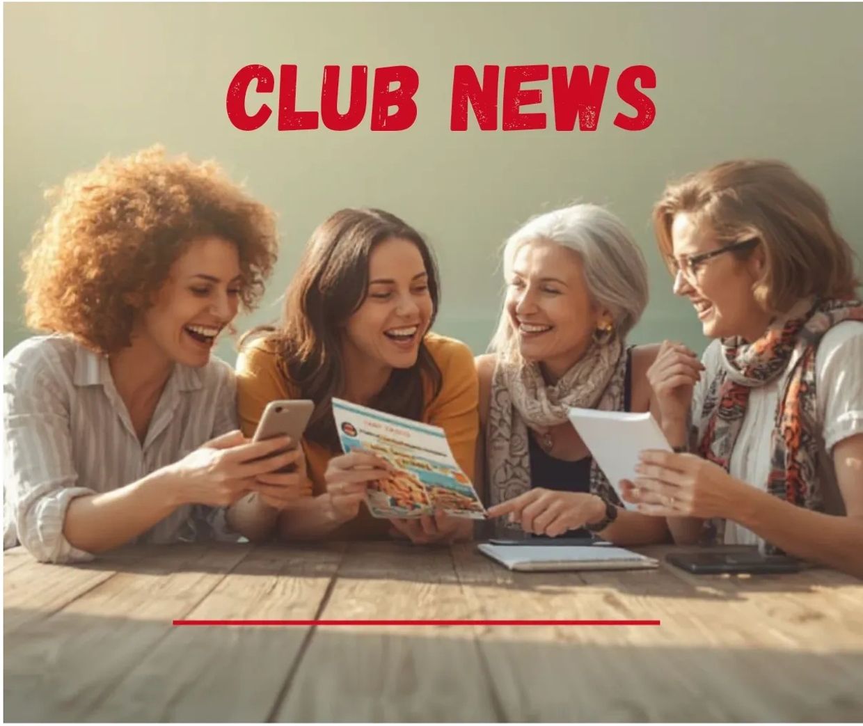 Four women happily sharing club news around a wooden table.