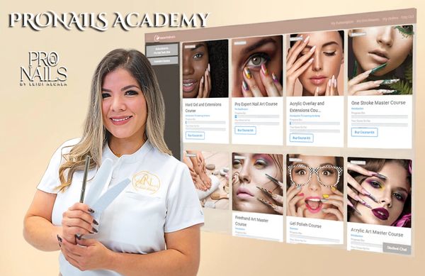 Woman promoting Pro Nails Academy's nail art courses with a confident smile.