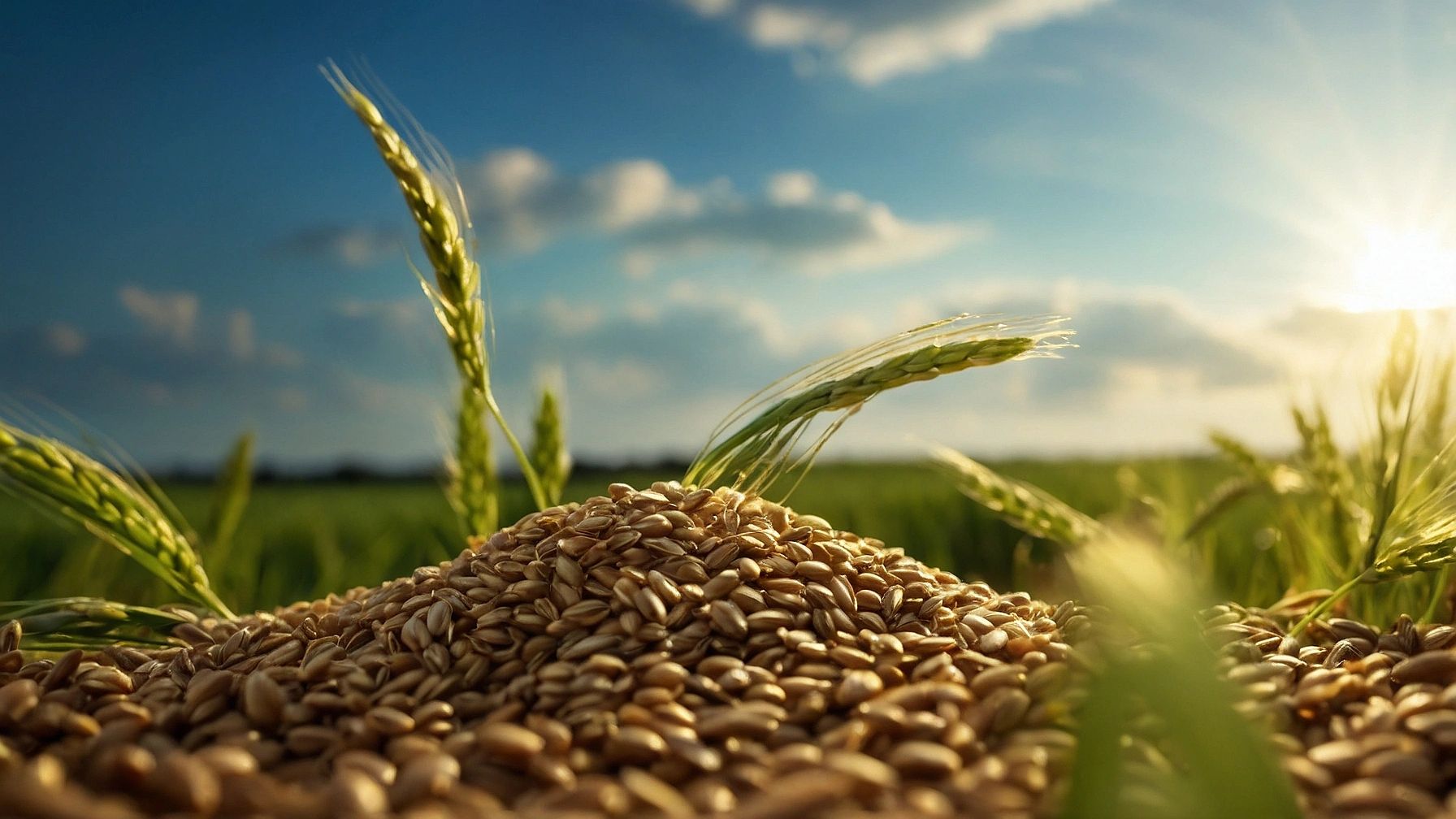 Barley grains on a barley field, blue sky
