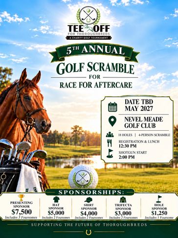 Flyer for 5th Annual Golf Scramble charity event for Thoroughbreds.