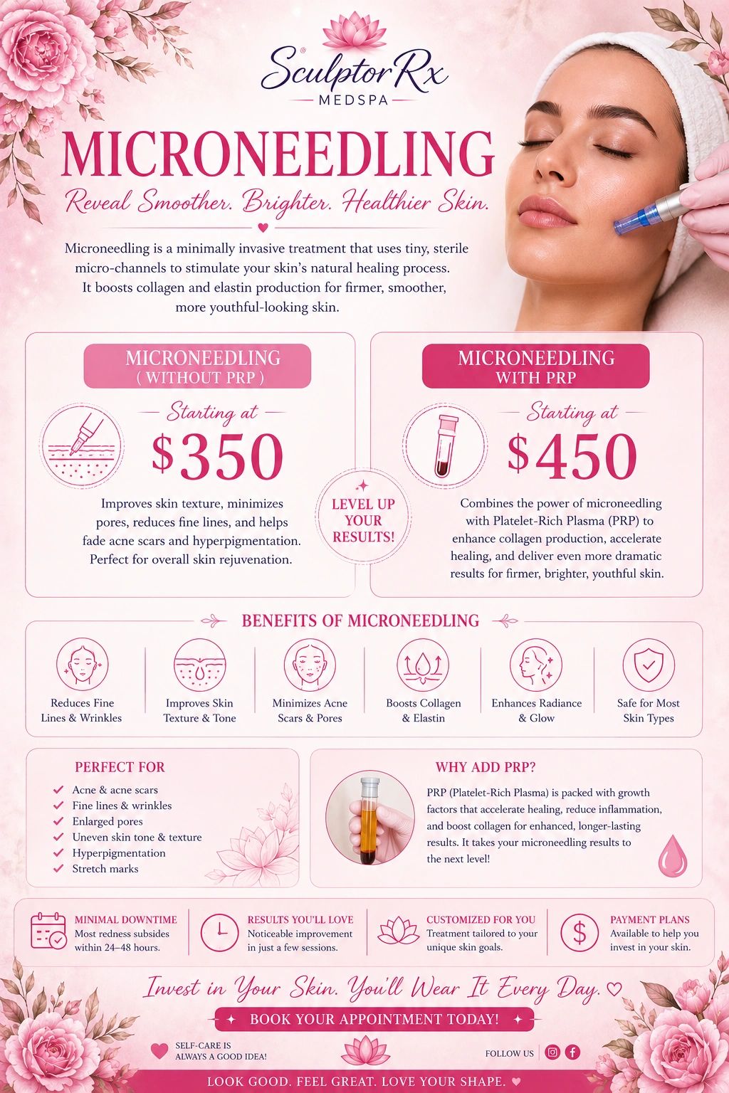 Microneedling treatments at Sculptor Rx Medspa for smoother, brighter skin, with or without PRP.