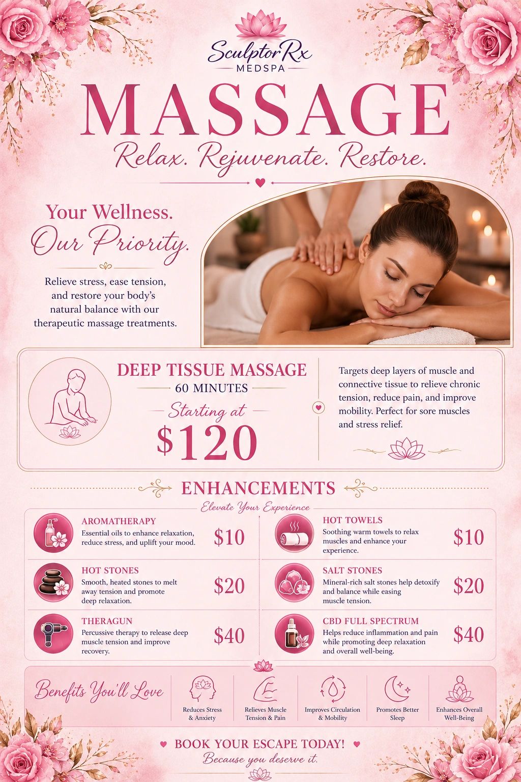 Relax with a deep tissue massage starting at $120 and enjoy various enhancements to elevate your experience.