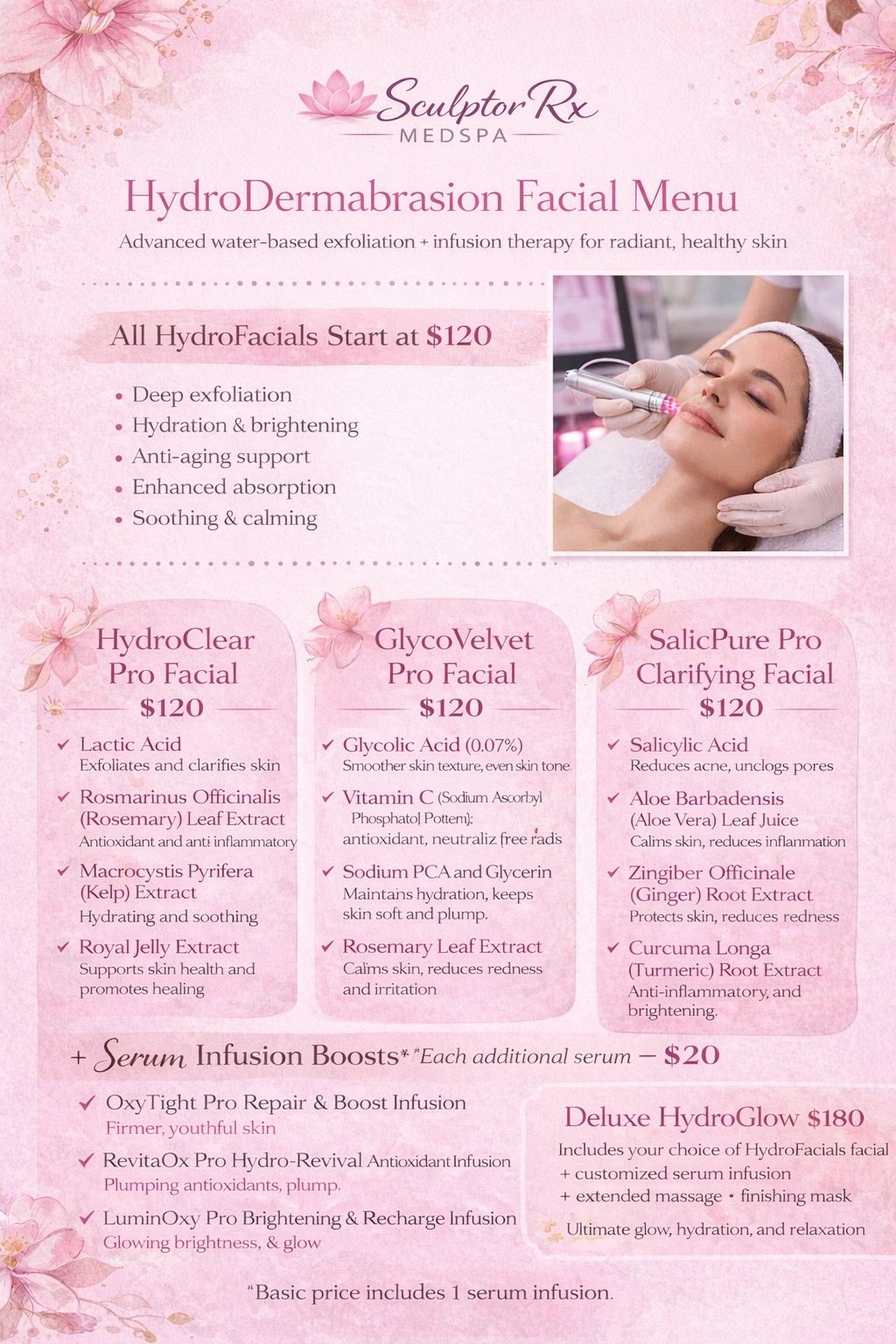 HydroDermabrasion facial treatments menu with various pro facials and serum infusion options.
