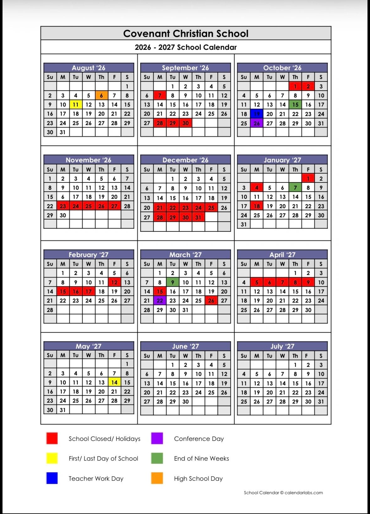 2026-2027 Covenant Christian School calendar with holidays, conferences, and special school days.