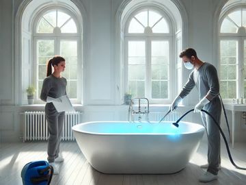 Equipo desinfectando una bañera con vapor y luz ultravioleta 