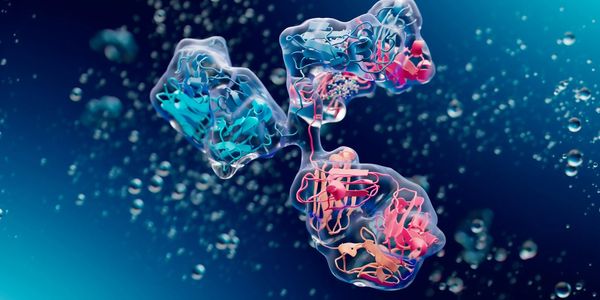 3D rendering of a complex molecular structure with colorful protein chains.