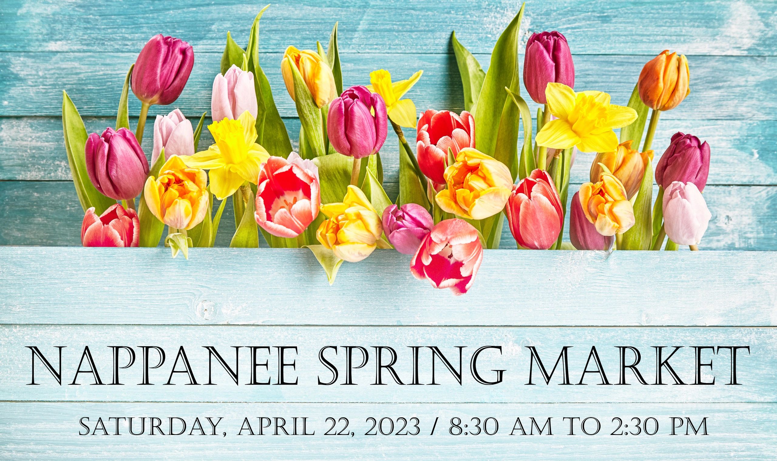 Colorful spring flowers above blue wooden boards with event details.