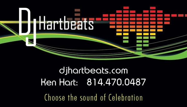 DJ Hartbeats logo with contact info and sound wave heart design.