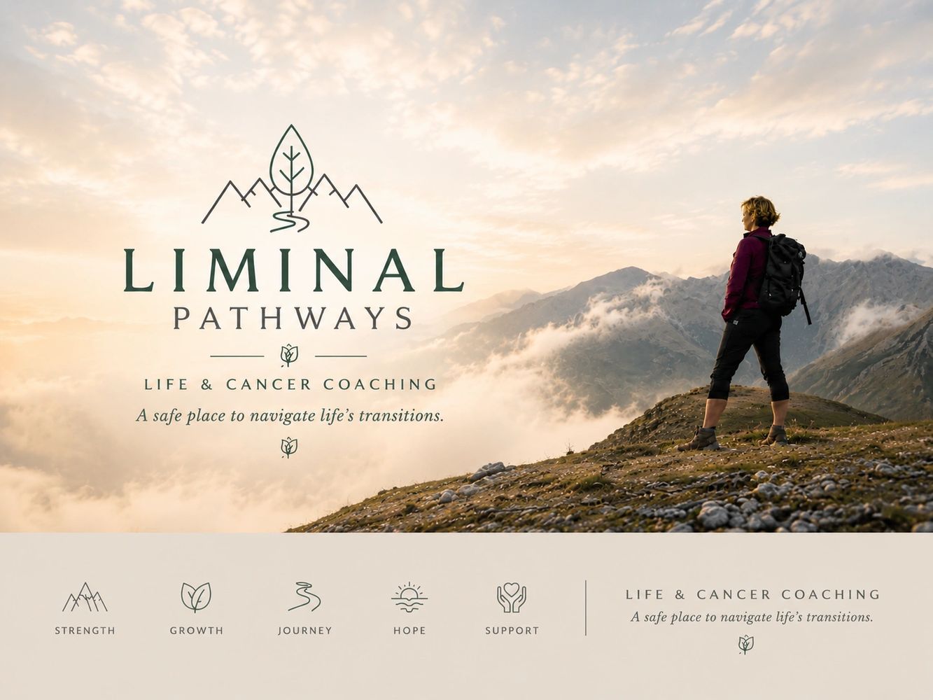 Liminal Pathyways Life and Cancer coaching, showing a woman on top of a mountain she climbed,