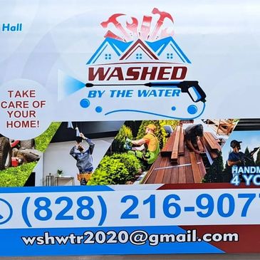 Washed by the Water handyman services with contact info and images of home care tasks.
