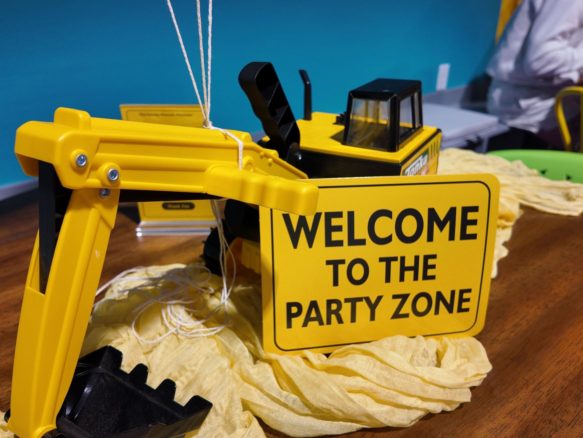 Toy excavator with party zone sign.