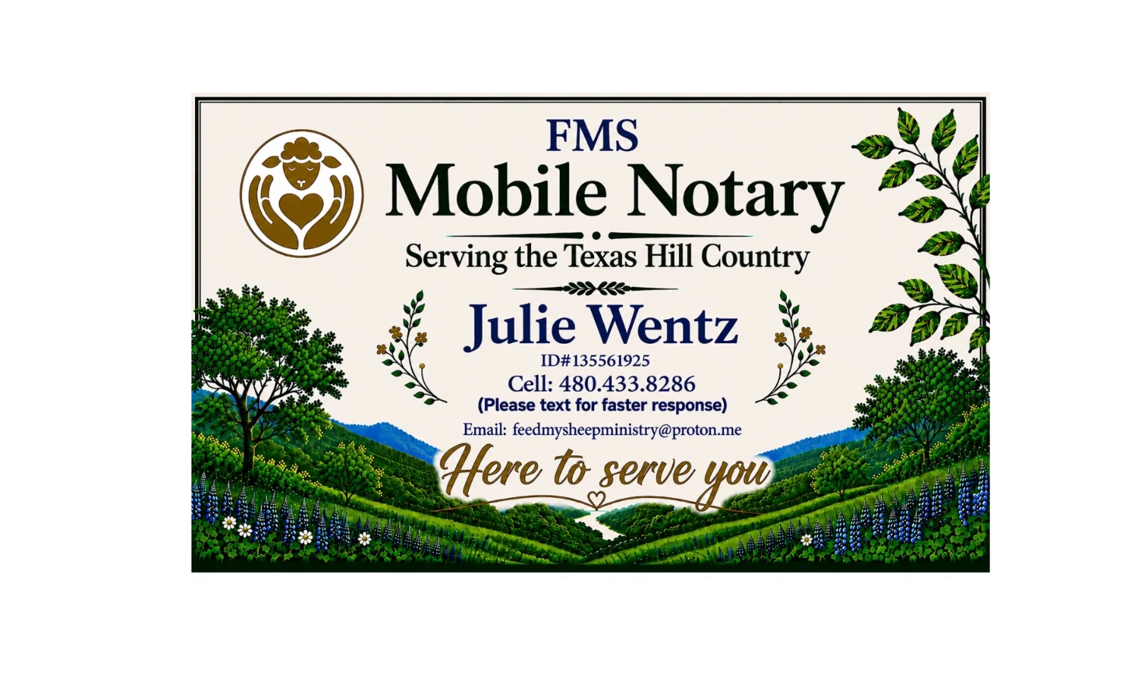 Julie Wentz, FMS Mobile Notary serving Seguin, New Braunfels, San Marcos, Canyon Lake, and the Texas
