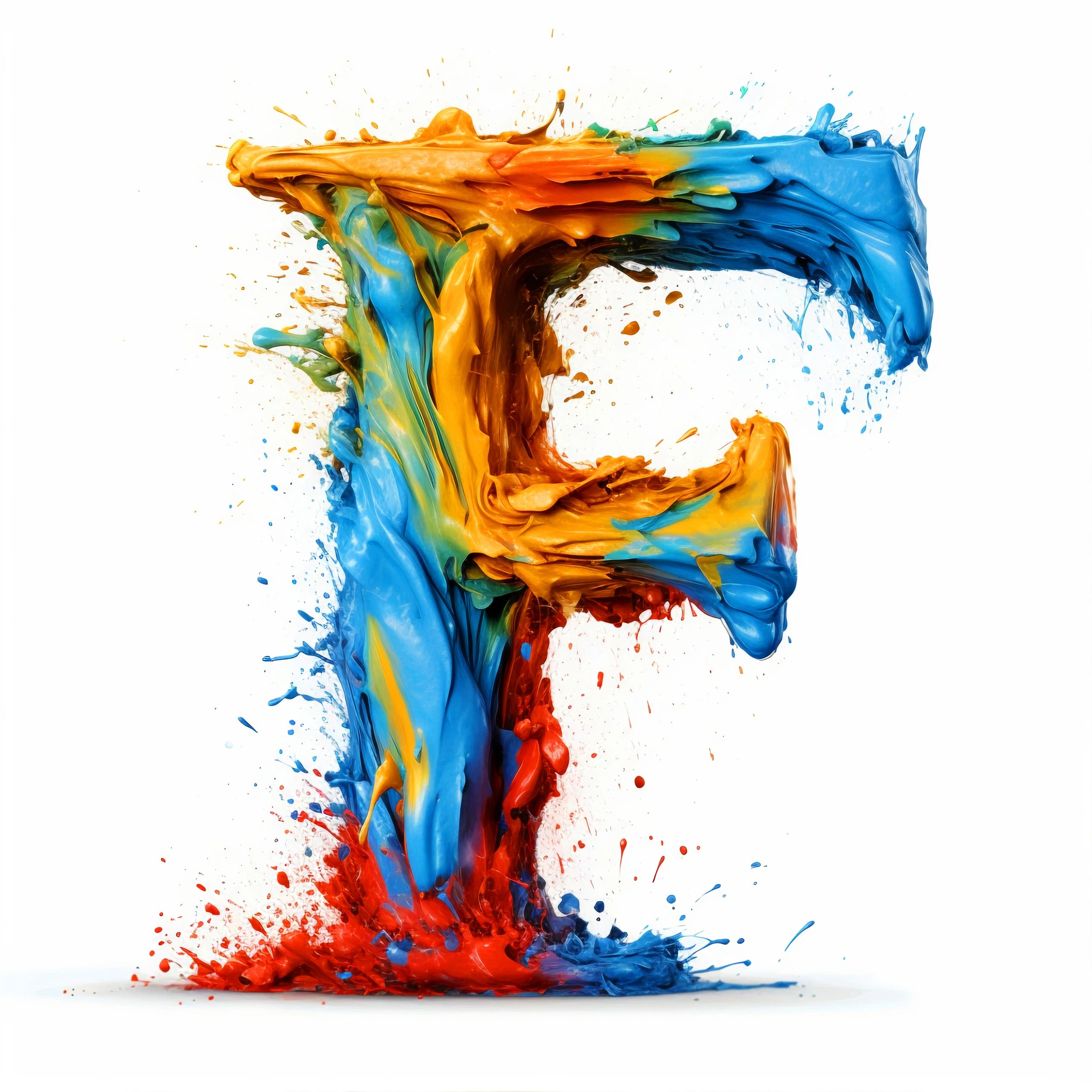 Colorful paint splashes forming the letter F.