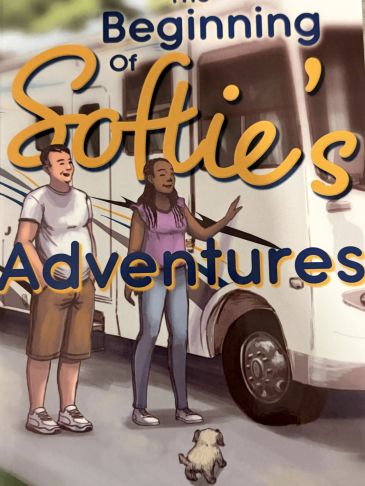 Two kids and a small dog near a camper van, with book title.