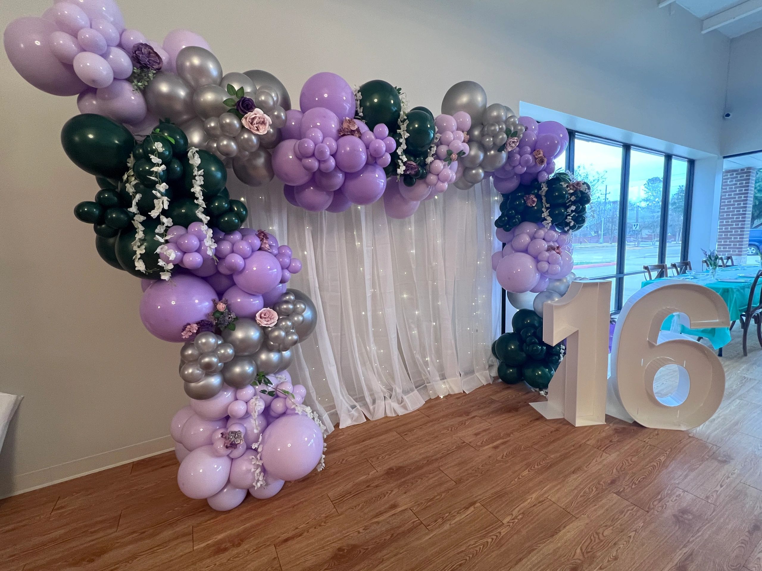 Sweet 16 party 
backdrop stand, balloon garland 