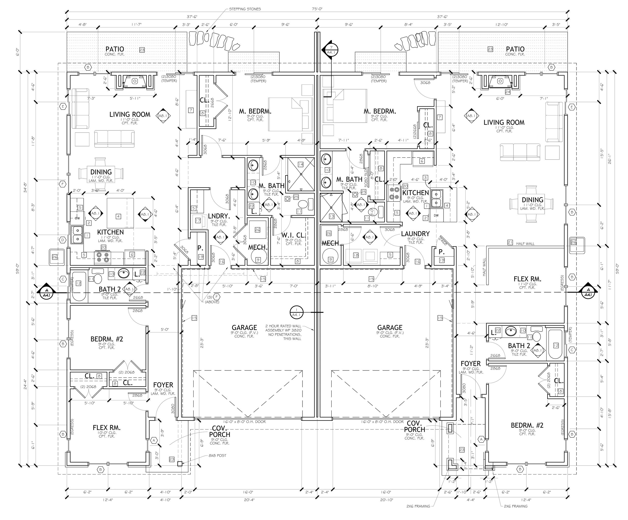 Teigan floorplan single-level twin home with open-concept living, private primary suite, flex room.