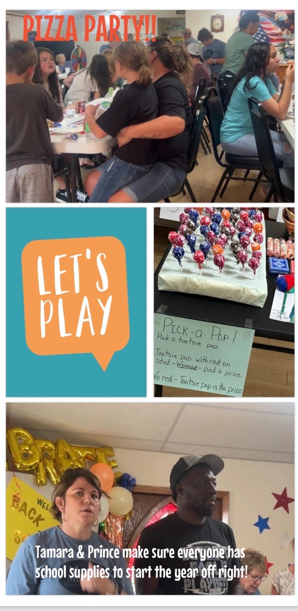 Pizza party and fun activities with school supply giveaway.