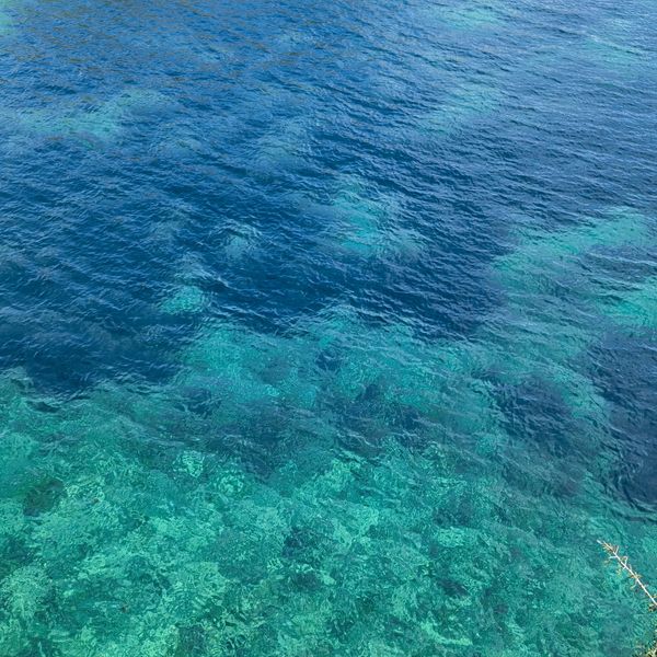 Mer transparente avec des reflets bleus et verts