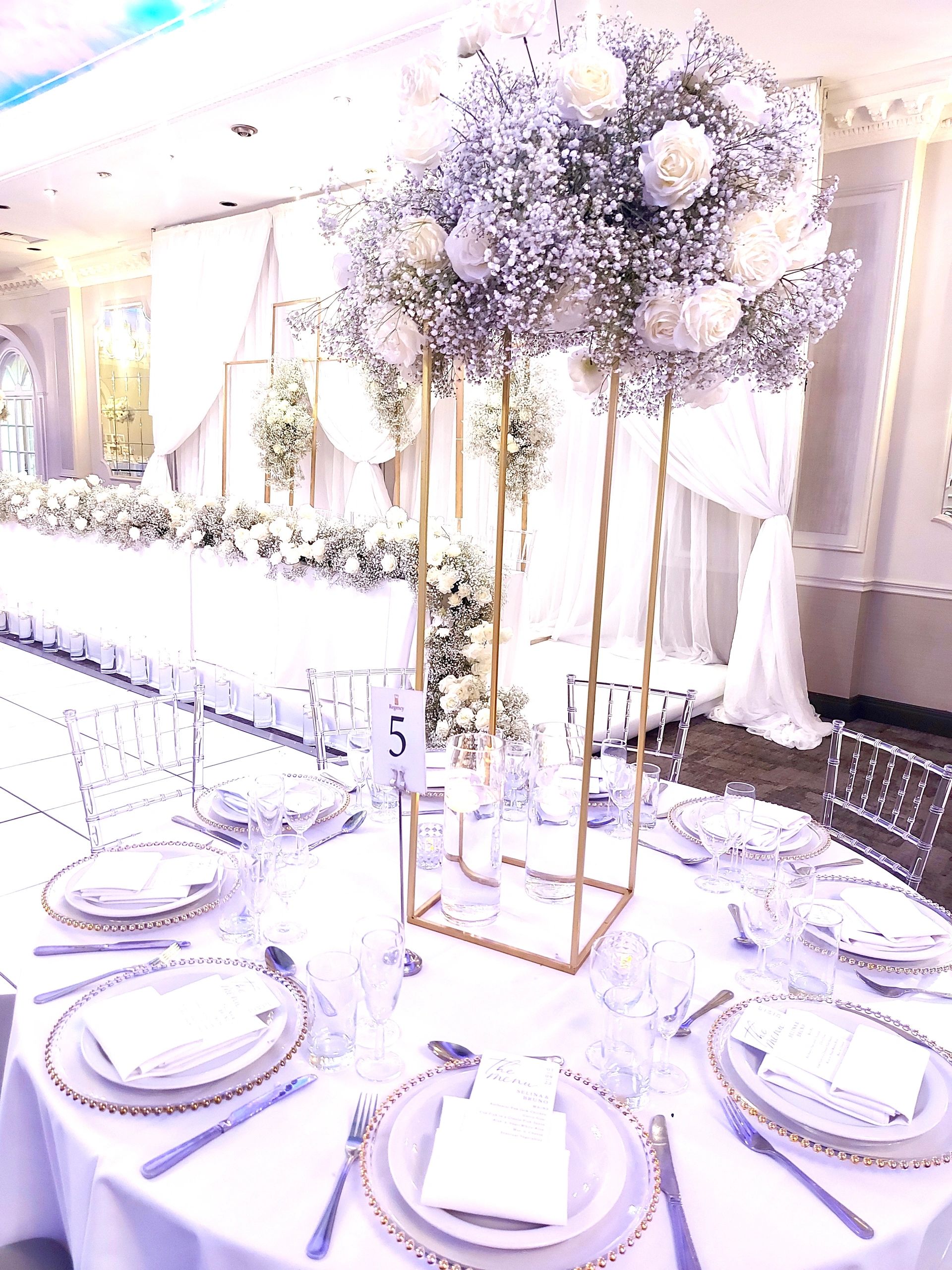 Elegant wedding table setting with white flowers and gold accents.