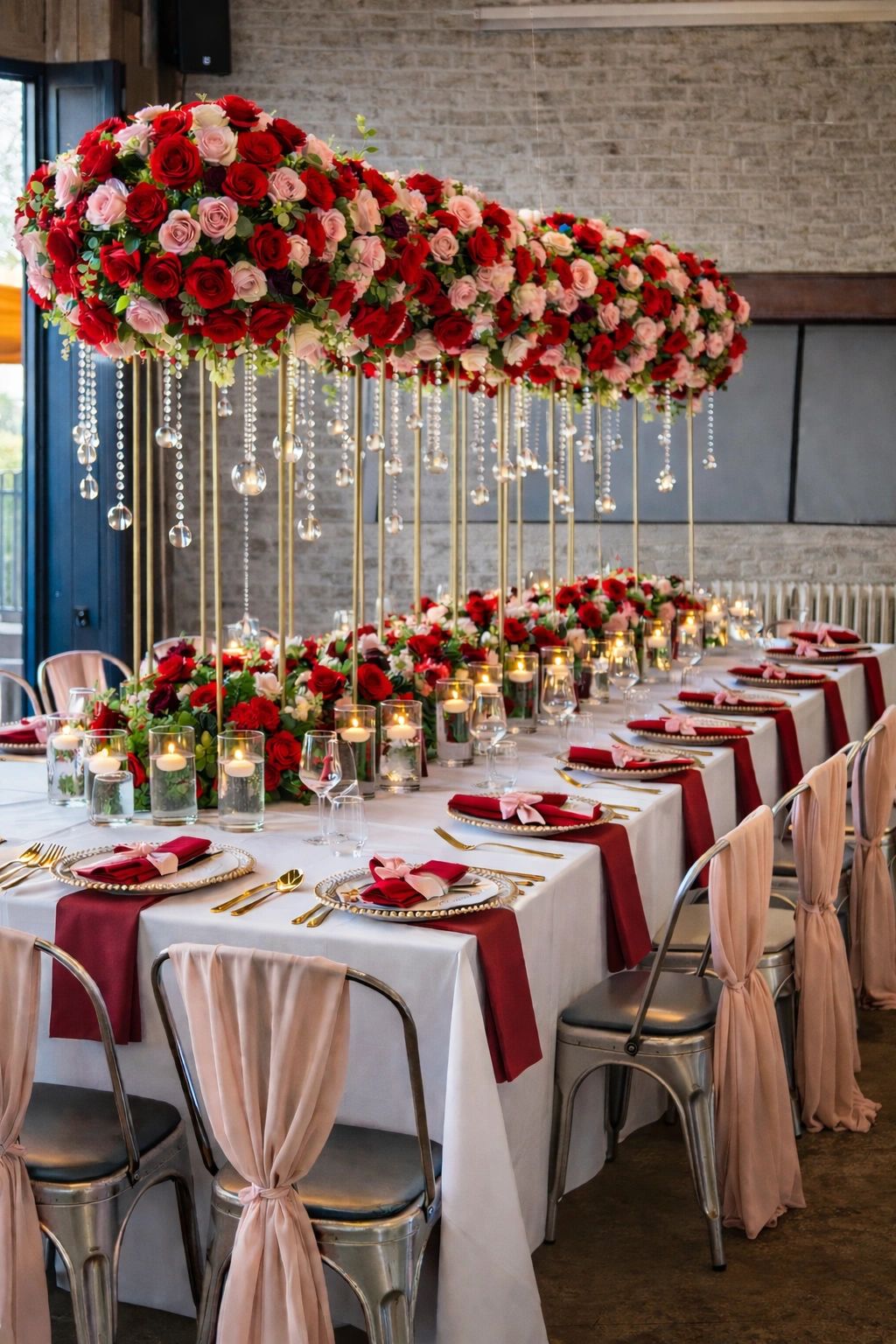 Elegant floral and candlelit dining table setup.