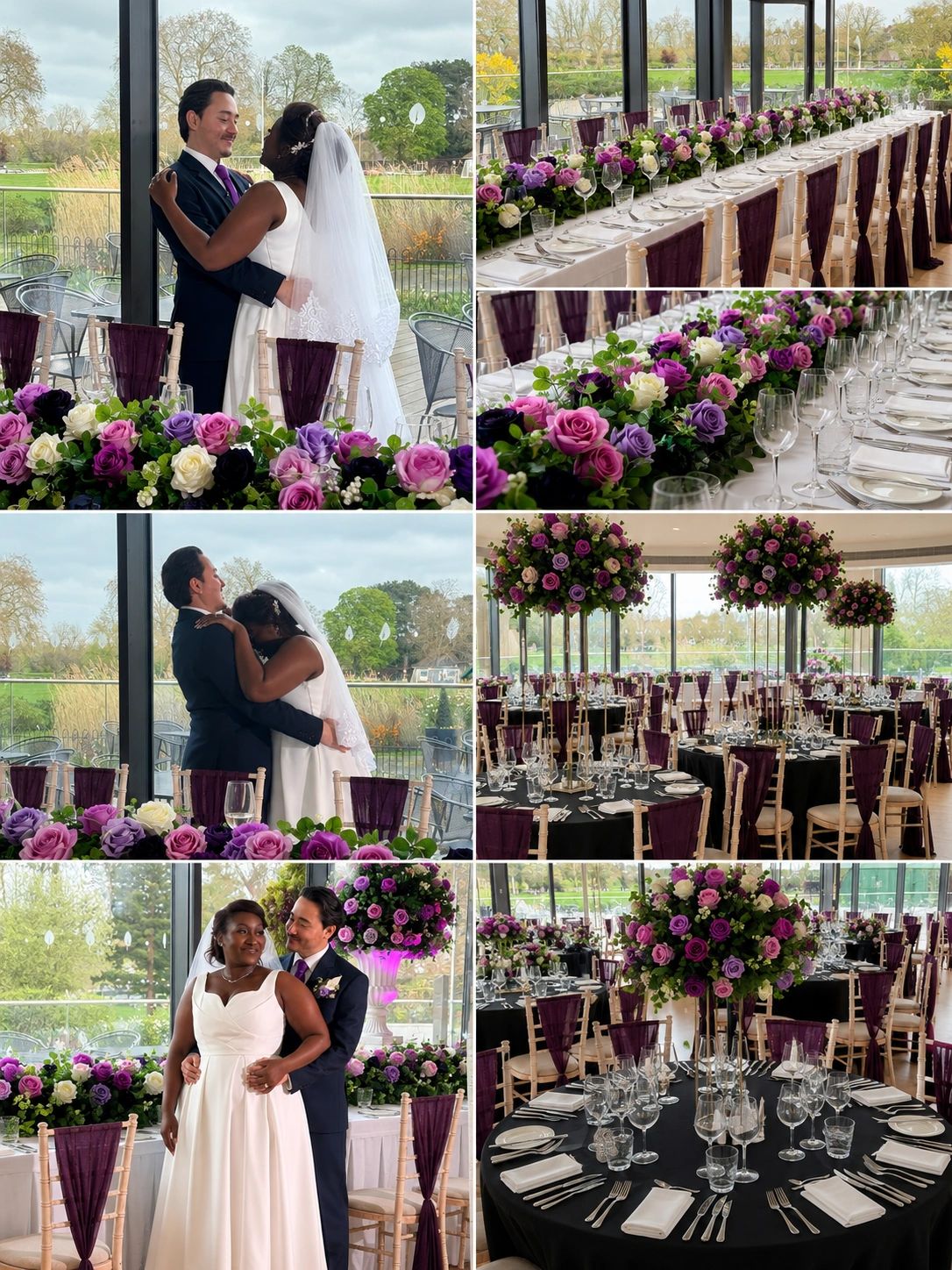 Elegant wedding with purple floral decor and happy couple.