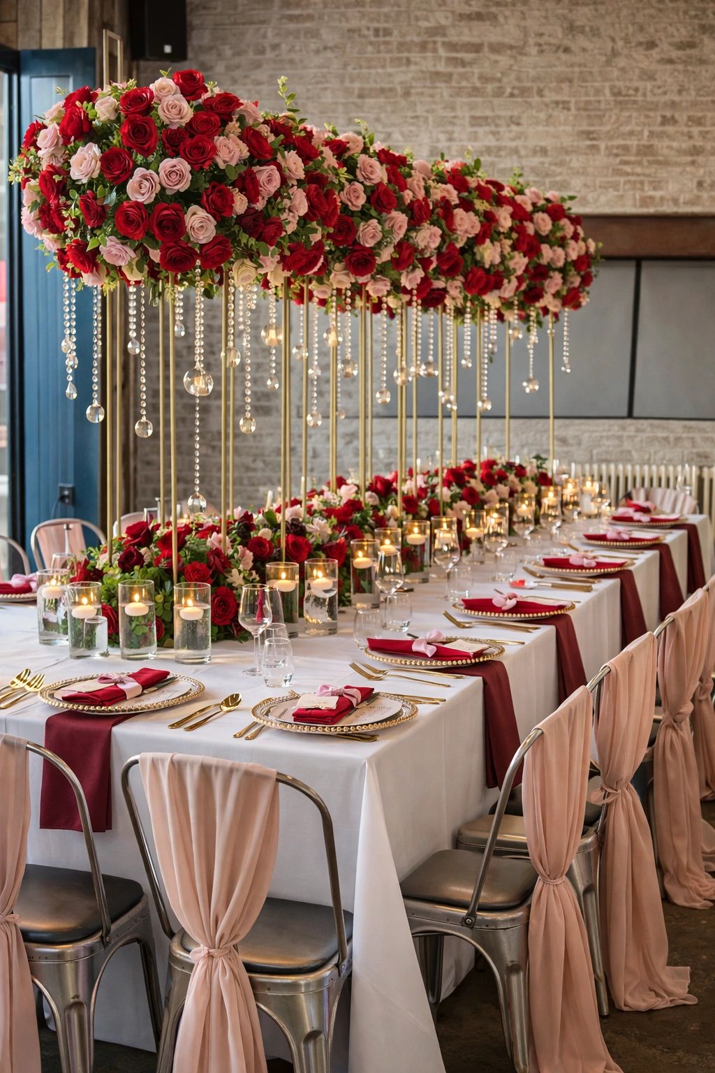 Elegant wedding table setup with red and pink roses and candles.