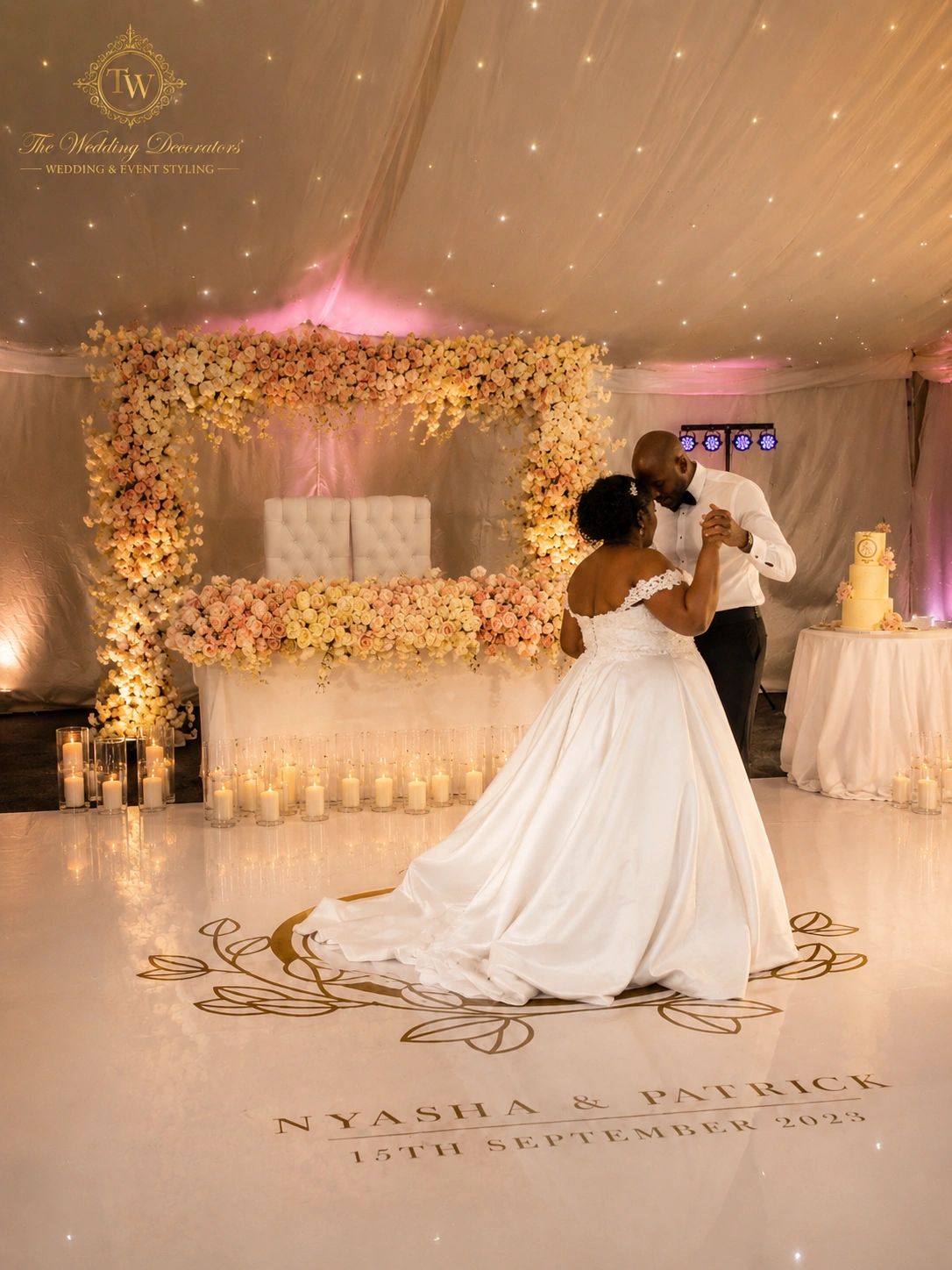 Bride and groom sharing a romantic dance at their wedding.