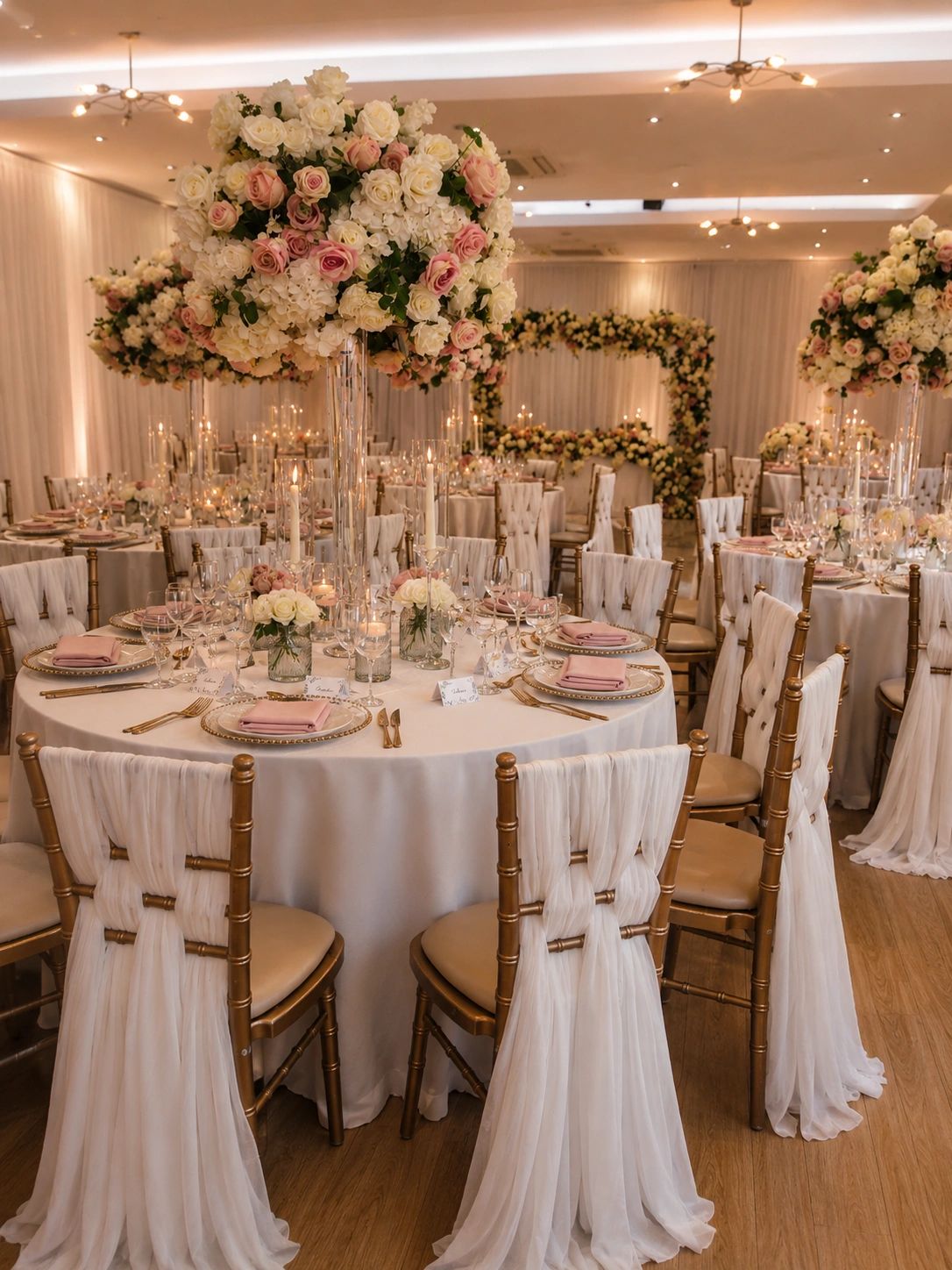 Elegant wedding reception with floral centerpieces and draped chairs.