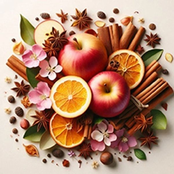 Arrangement of apples, dried orange slices, cinnamon sticks, and flowers.