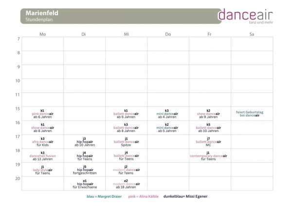 Weekly dance class schedule for Marienfeld by danceair.