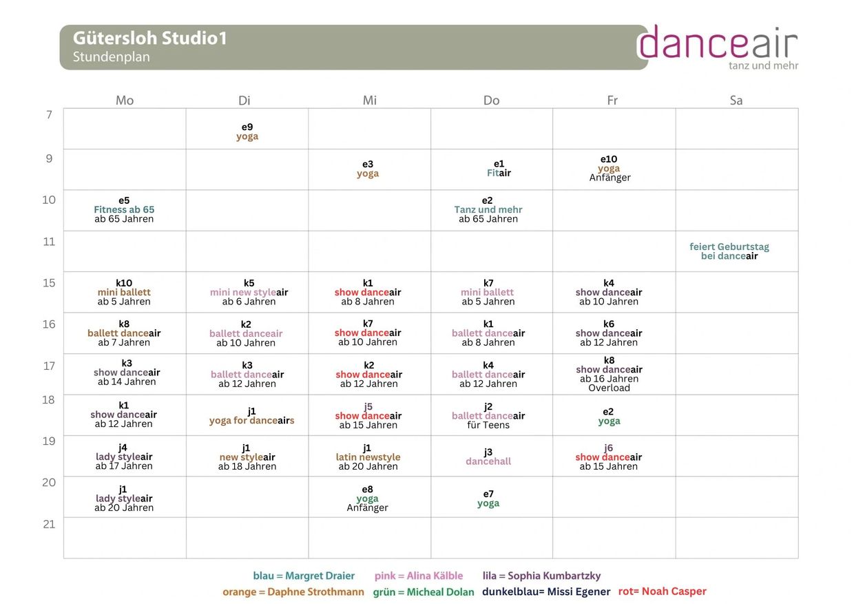 Weekly dance and fitness class schedule for Gütersloh Studio1 at danceair.