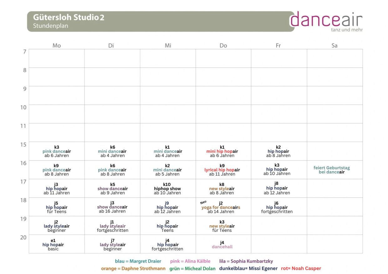Weekly dance class schedule for Gütersloh Studio 2 with various age groups and instructors.