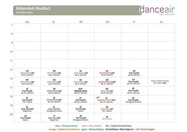 Weekly dance class schedule for Gütersloh Studio 2 with various styles and age groups.