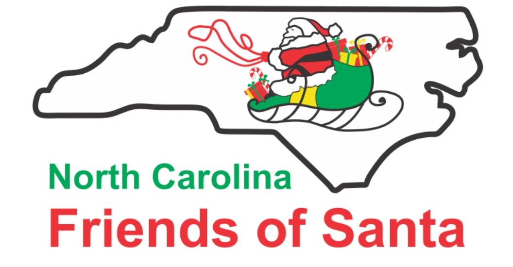 Logo of North Carolina Friends of Santa with Santa in sleigh inside state outline.