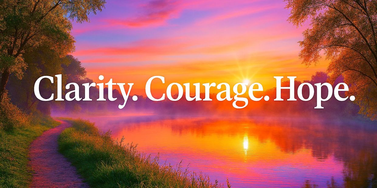 Sunset over a river with words Clarity, Courage, Hope.
