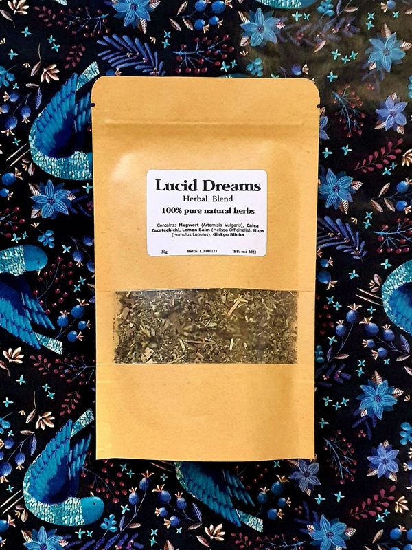 Brown Kraft bag resealable pouch, 30g of dried blended herbs, lucid dreams. Blue flowery background.