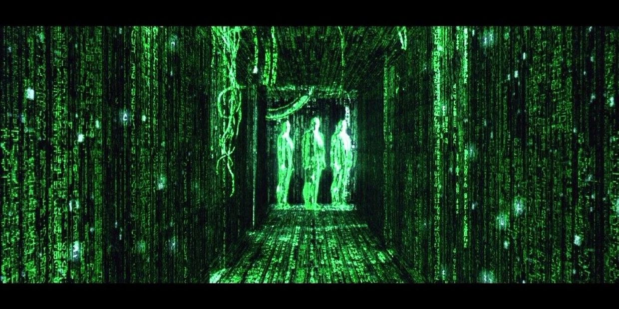 A hall with 3 people that are inside the matrix. It is made up of computer code, green digits, maths