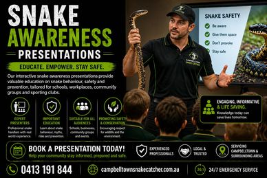Interactive snake awareness presentations for schools, workplaces and community groups, focused on s