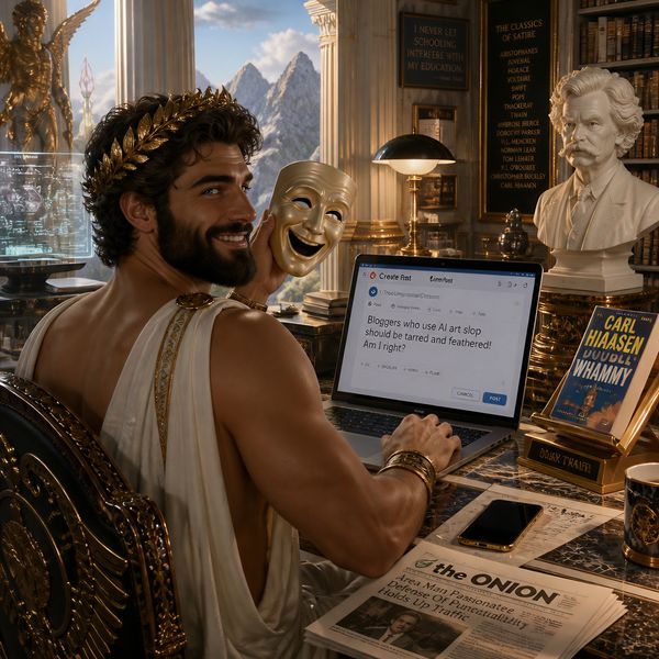 Momus at his desk. Image generated with openart.ai