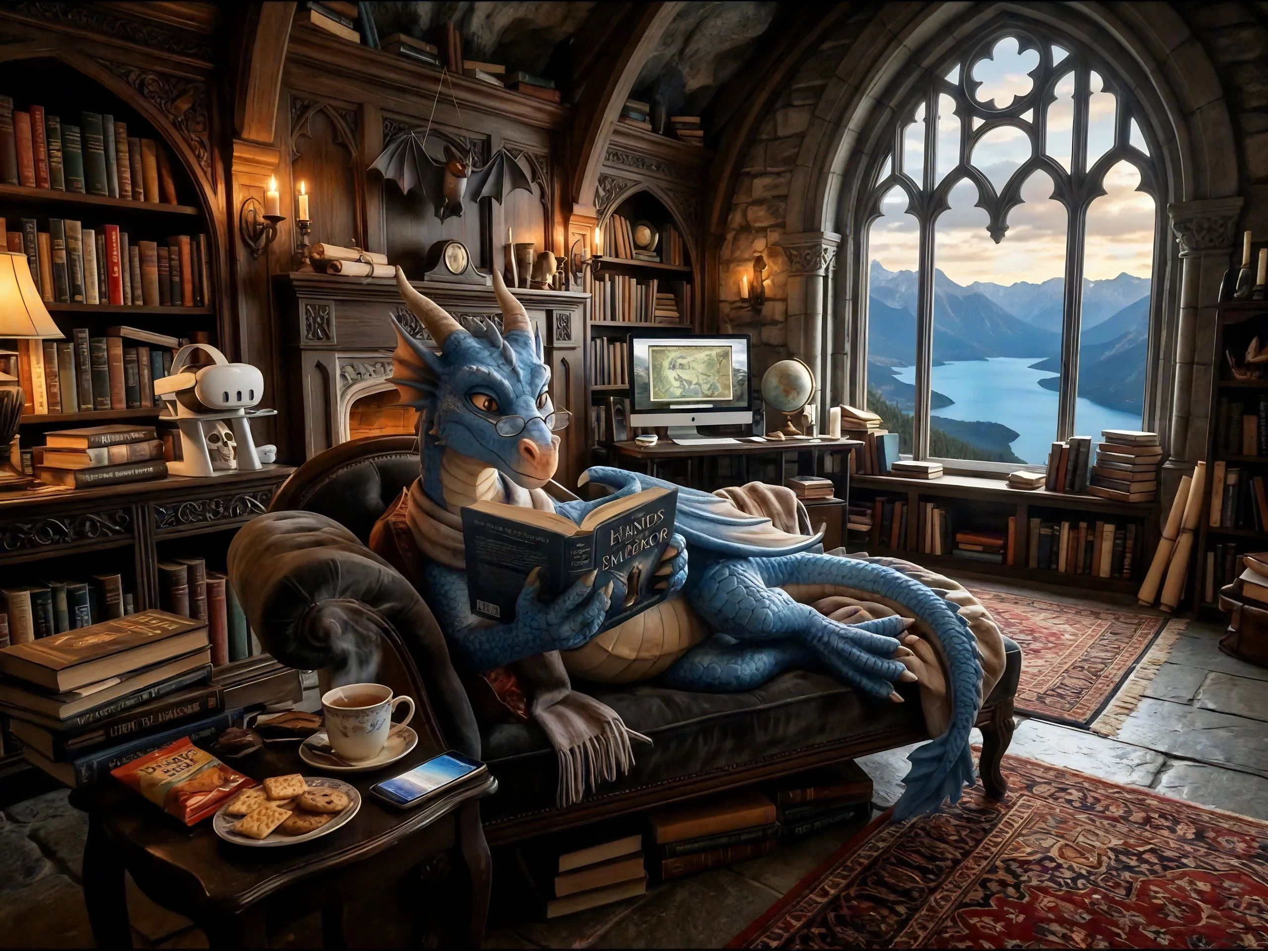 A blue dragon reading a book in a cozy, medieval-style library with a scenic mountain view.